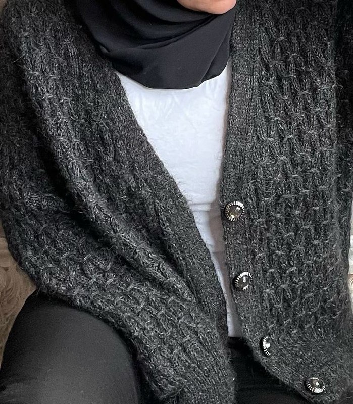 Уютный вязаный кардиган с крупной текстурой и контрастными пуговицами, напоминающими старинные деревянные бусы.3